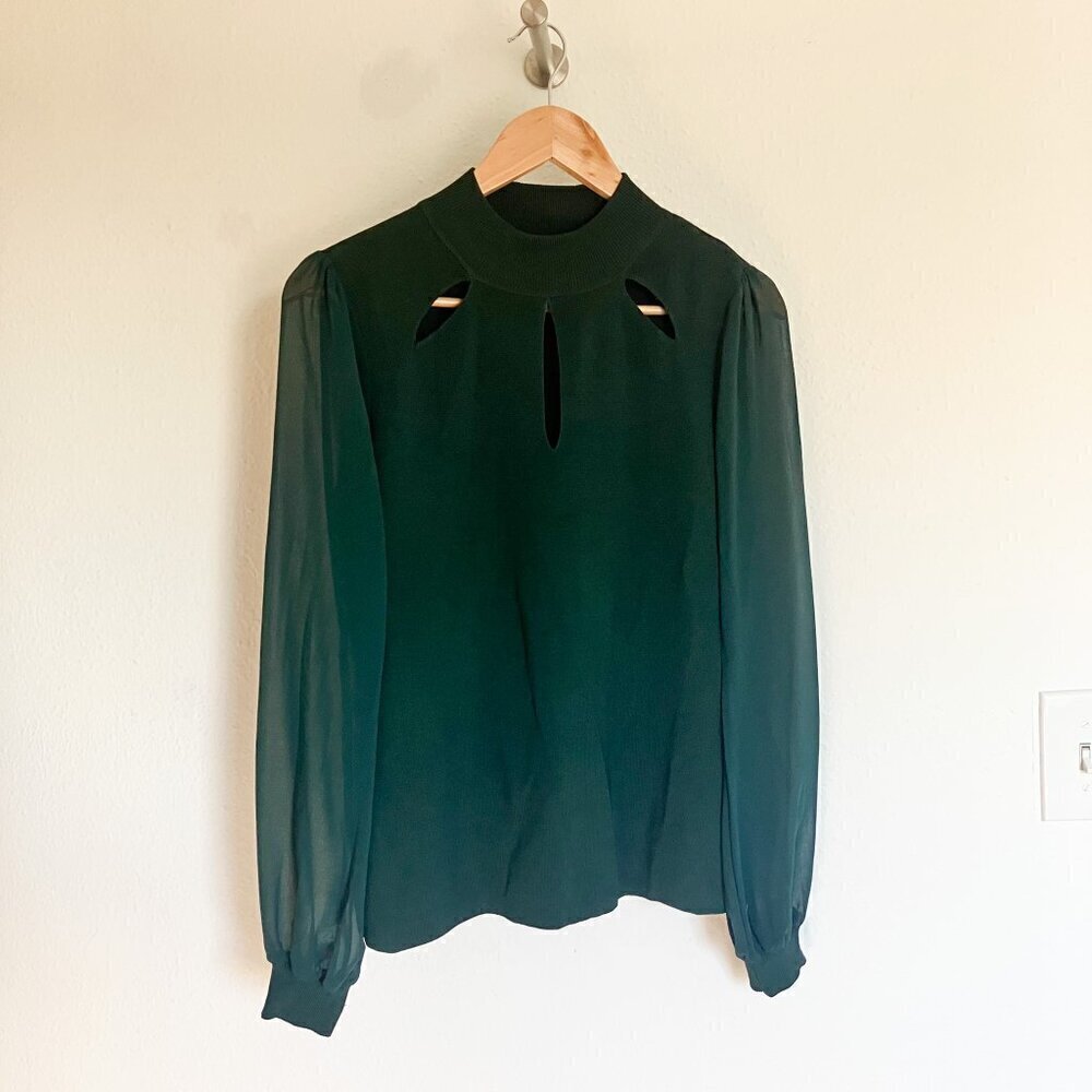 INC International Concepts Forrest Green Ribbed Sweater Stretchy Sheer Sleeves